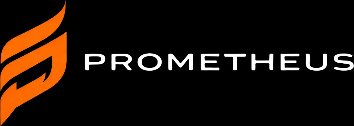 Logotipo Prometheus: chama laranja estilizada ao lado do nome PROMETHEUS em branco